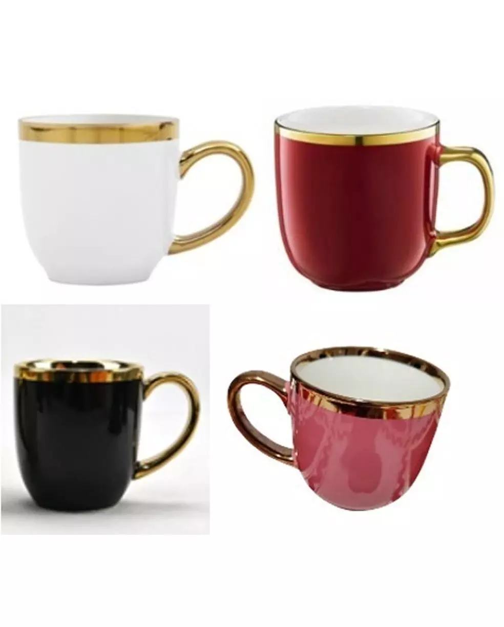 Four ceramic mugs with gold-tone handles and rim trim in white, burgundy, black, and pink colours.